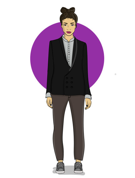 一个穿着黑色燕尾服和灰色裤子的女孩站着图片下载