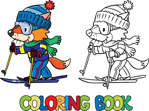有趣的狐狸骑在滑雪板上色书图片下载