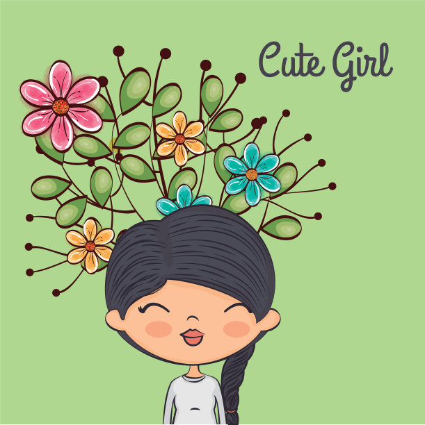 可爱的女孩性格与花卉装饰图片下载