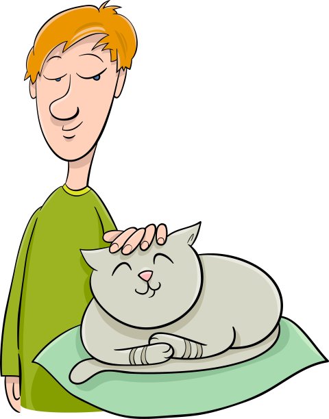 男孩抚摸猫卡通图片下载