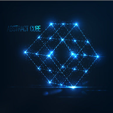 霓虹灯立方体与镜头光晕和发光粒子图片下载