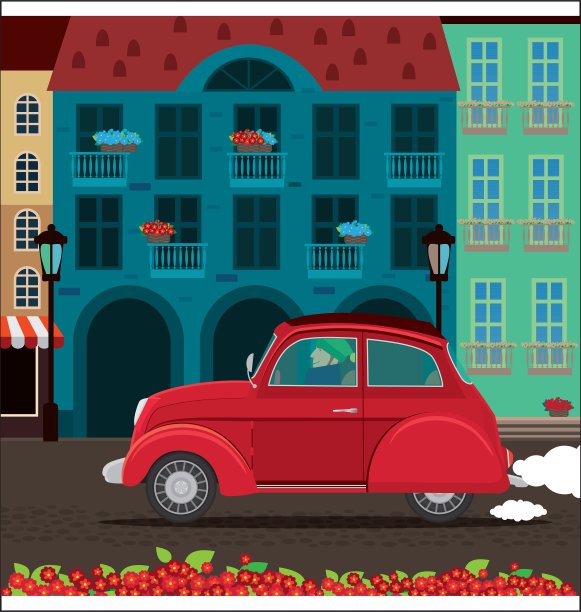 老式汽车在老城中穿梭图片下载