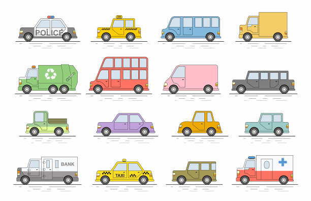 汽车图标设置平面颜色风格图片下载