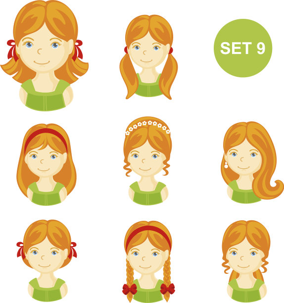 可爱的姜黄色小女孩与各种发型图片下载