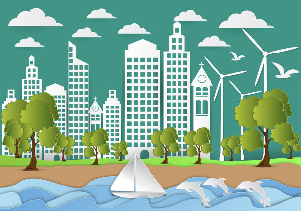 以海洋和海滩为背景的城市纸艺术图片下载