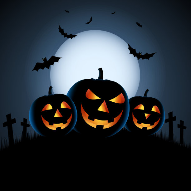万圣节蓝色夜晚的海报和咧嘴笑的南瓜图片下载
