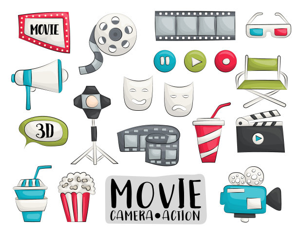 电影电影图标设置彩色手绘涂鸦图片下载