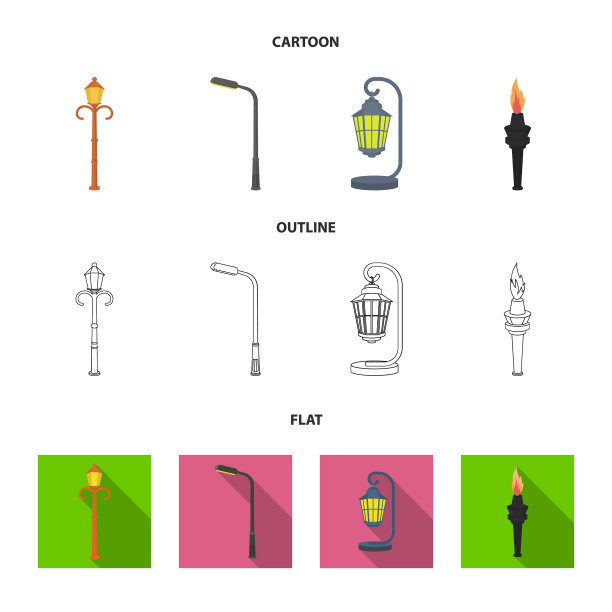 灯柱中有复古风格的现代灯笼和火把图片下载