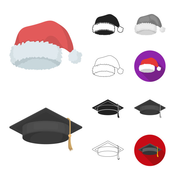 不同种类的帽子，卡通，黑色，扁平图片下载