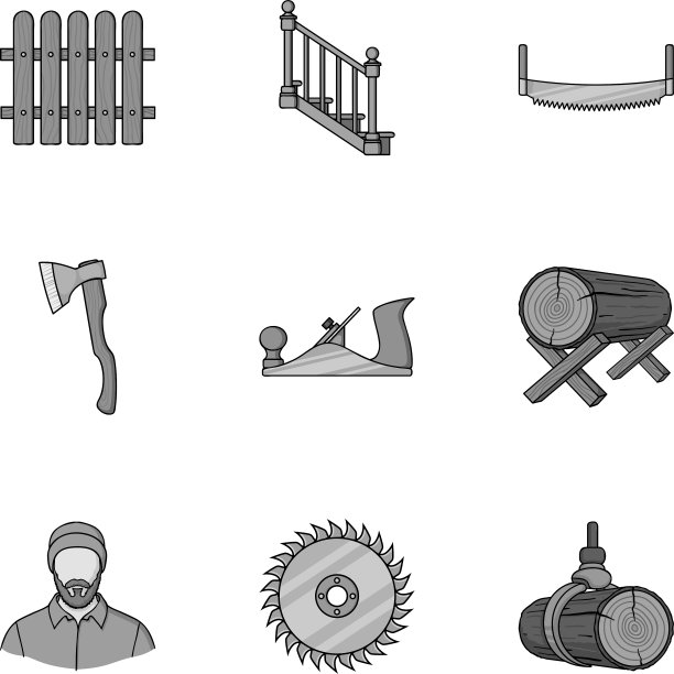 锯木和木材设置图标在单色风格图片下载
