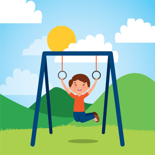 阳光明媚的一天，小男孩在公园酒吧里挂吊环图片下载