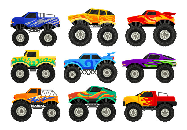 一组巨型卡车，带有大轮胎的重型汽车图片下载