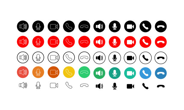 一组通讯图标按钮。电话，声音，麦克风，摄像头，呼叫符号在孤立的白色背景的应用程序，web，应用程序。EPS 10矢量。图片下载