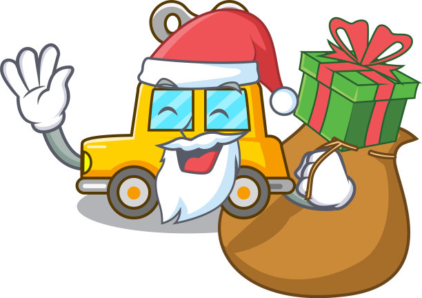 圣诞老人与礼物发条玩具车隔离图片下载