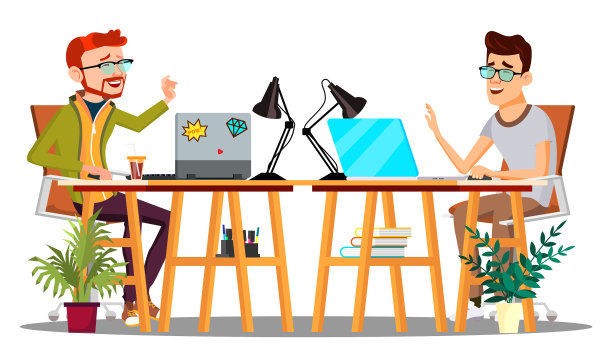 两个同事坐在桌子旁边用电脑图片下载