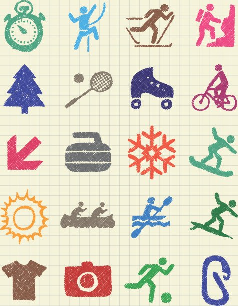 用彩色铅笔绘制的运动网页图标图片下载