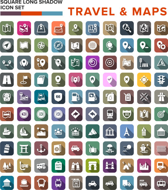旅行和地图图标与长影子股票图片下载