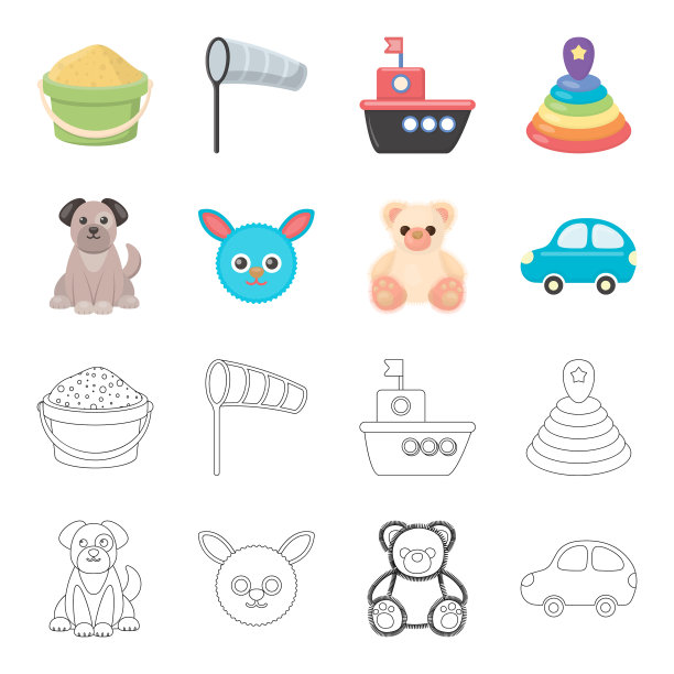 儿童玩具卡通轮廓图标设置图片下载