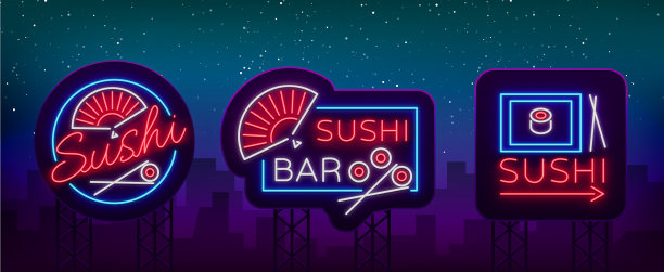 寿司上的霓虹灯风格的标志图片下载