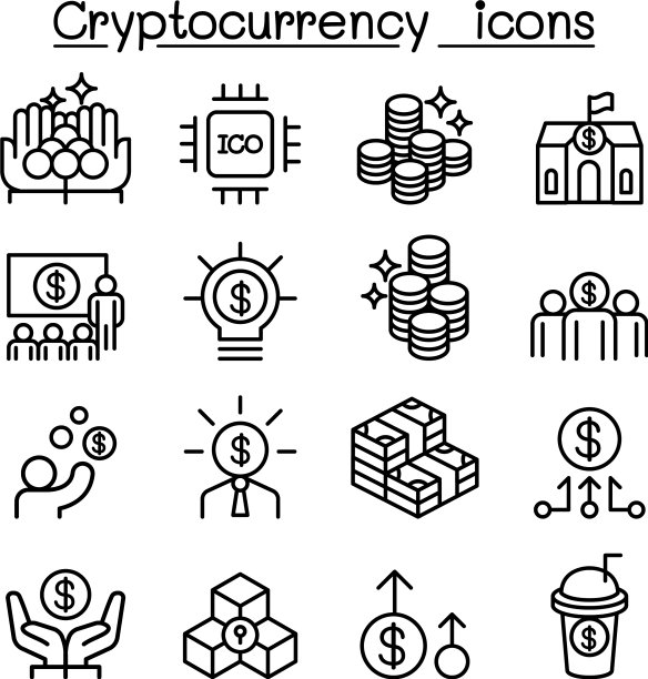加密货币图标设置在细线风格图片下载