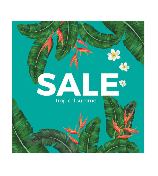 销售热带夏季海报与绿色树叶和图片下载