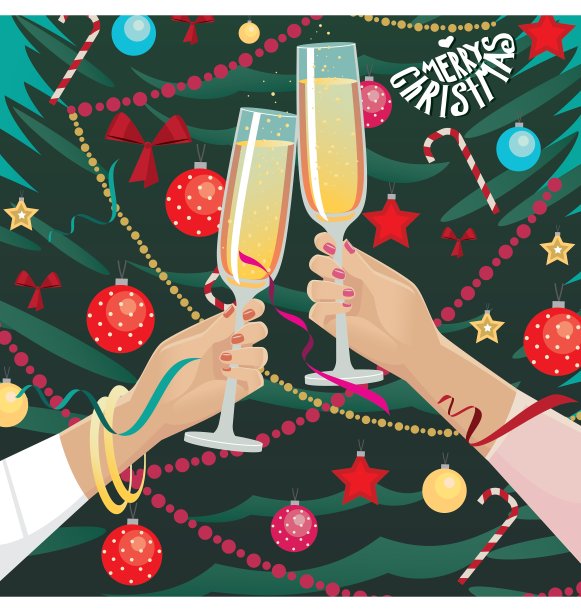 女朋友们在室内的云杉旁碰杯图片下载