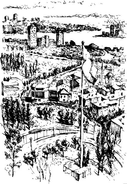 城市风景画以手绘水墨线条图片下载