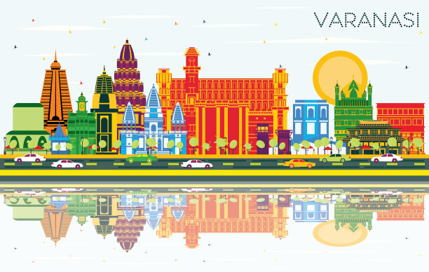 瓦拉纳西印度城市天际线与彩色建筑图片下载