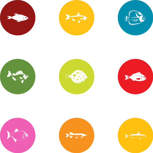 鱼类养殖图标设置扁平风格图片下载