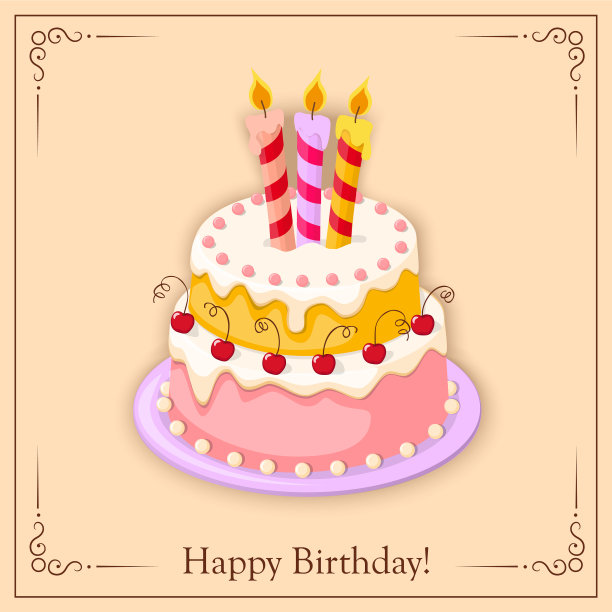 生日卡片上有蛋糕层蜡烛，樱桃和图片下载