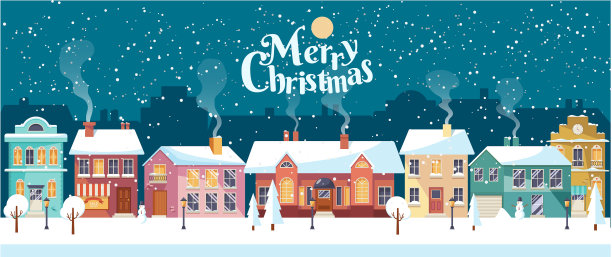 下雪的圣诞之夜，在舒适的小镇全景图片下载