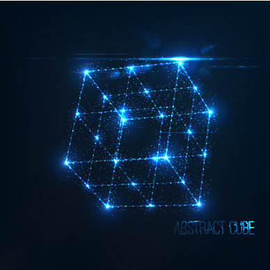 霓虹灯立方体与镜头光晕和发光粒子图片下载