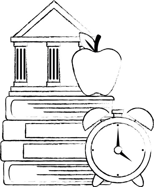 用闹钟和图书馆大楼堆放课本图片下载