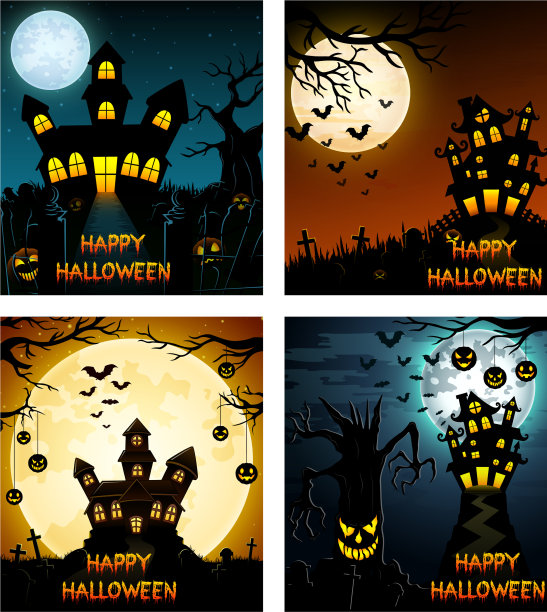 万圣节快乐的横幅设置了吓人的树和cas图片下载