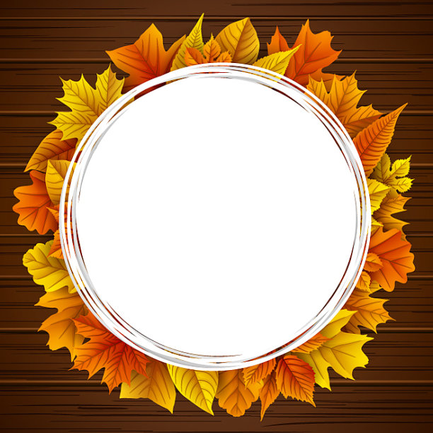 圆形框架与秋叶木制背景图片下载