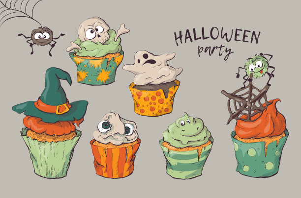 各种万圣节纸杯蛋糕孤立图片下载