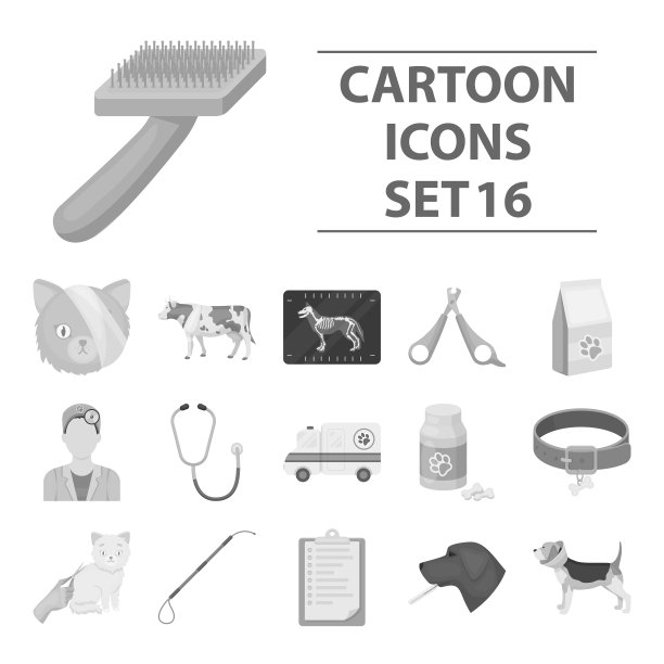 兽医诊所设置图标在单色风格图片下载