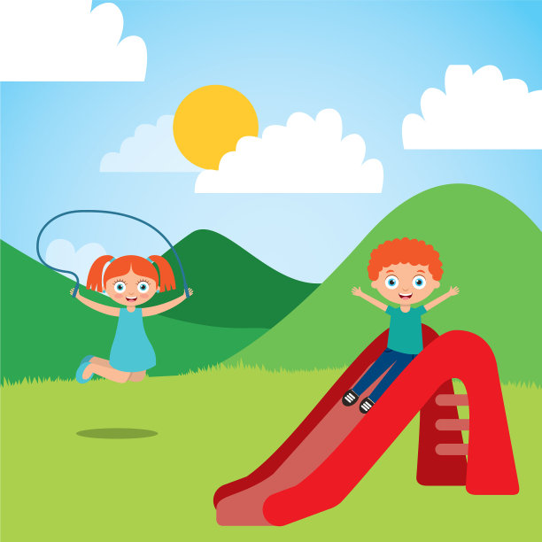 可爱快乐的小朋友在玩滑梯跳绳图片下载