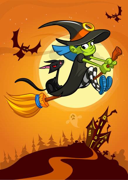 万圣节与可爱的女巫飞在她的扫帚上图片下载