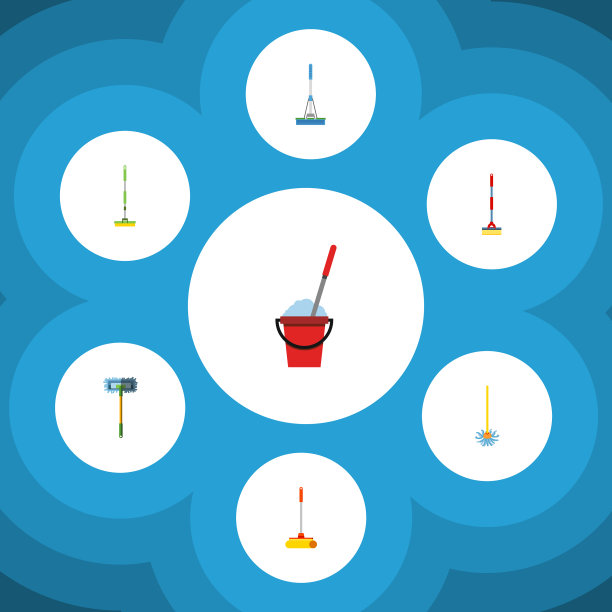 平面图标拖把，扫帚，扫帚，水桶和图片下载