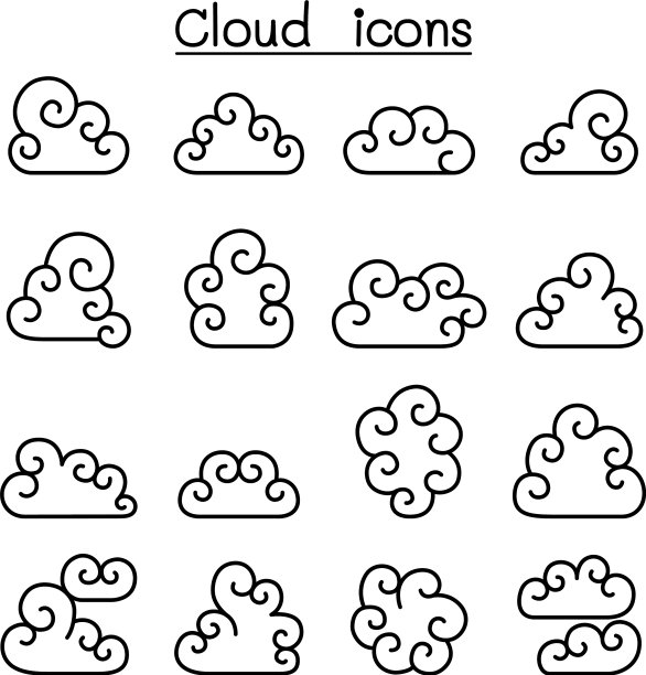 卷曲的云图标设置在细线风格图片下载
