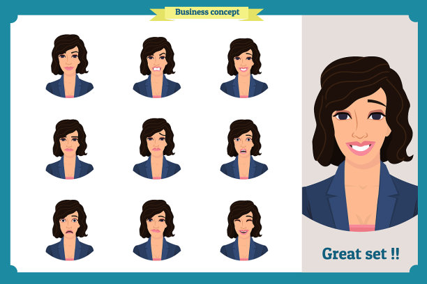 一套女人的表情孤立在白平上图片下载