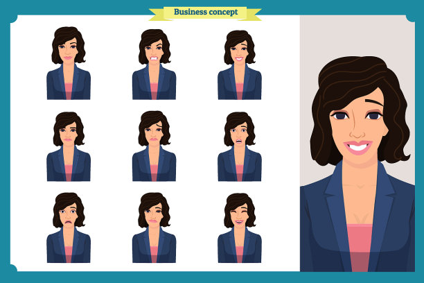 一套女人的表情孤立在白平上图片下载