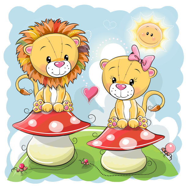 蘑菇上的两只可爱的卡通狮子图片下载