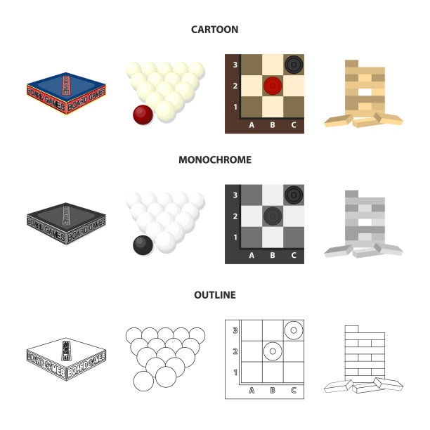 棋盘游戏卡通轮廓单色图标设置图片下载