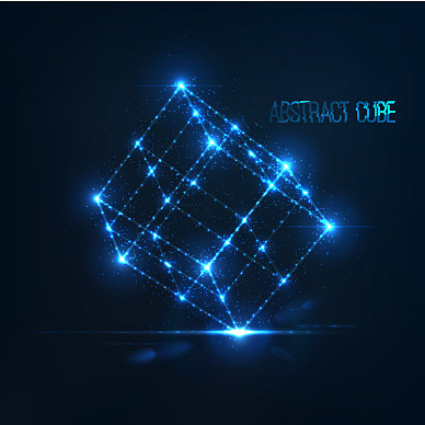 霓虹灯立方体与镜头光晕和发光粒子图片下载