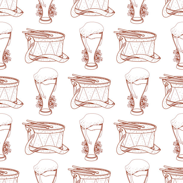 无缝模式与鼓和泡沫啤酒在一个图片下载