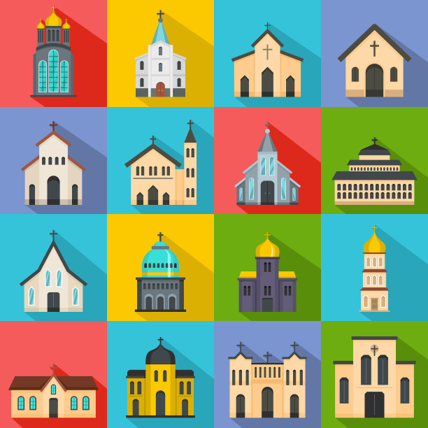 教堂建筑的图标设置为平面风格图片下载