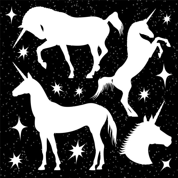 黑色背景上的白色独角兽剪影和星星图片下载