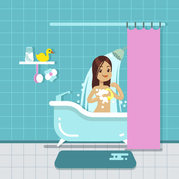 年轻女孩在浴室与淋浴室内图片下载